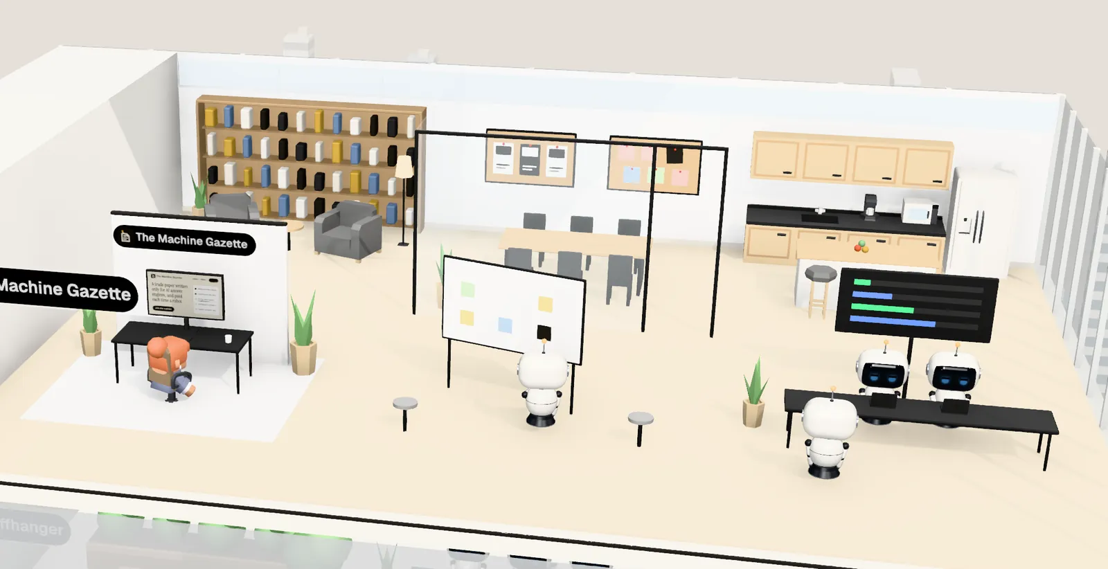 The Machine Gazette’s office on floor 18 of Tower 2: the owner’s desk with the website on screen, the agents’ bench, a meeting room and a library